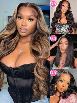 BUY 1 GET 1 EXTRA FREE WIG  Highlight Color Body Wave 18 Inches 13x4 Lace Front Wig Bleached Knots BG05